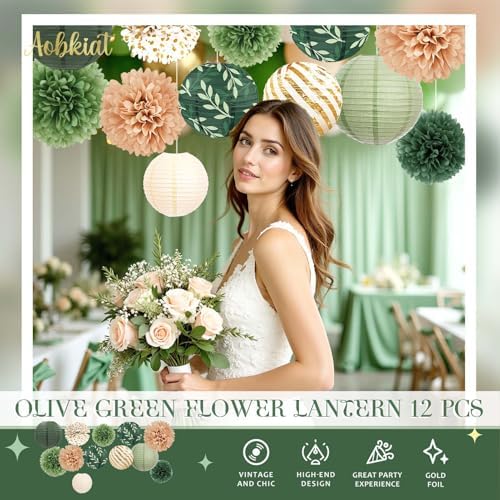 AOBKIAT 12PCS Olive Green Sage Paper Lanterns Set