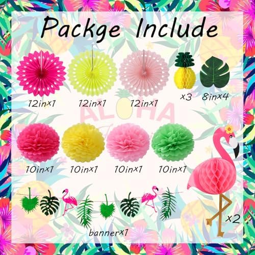 Hawaiian Tropical Party Decor Set with Pom Poms and Fans