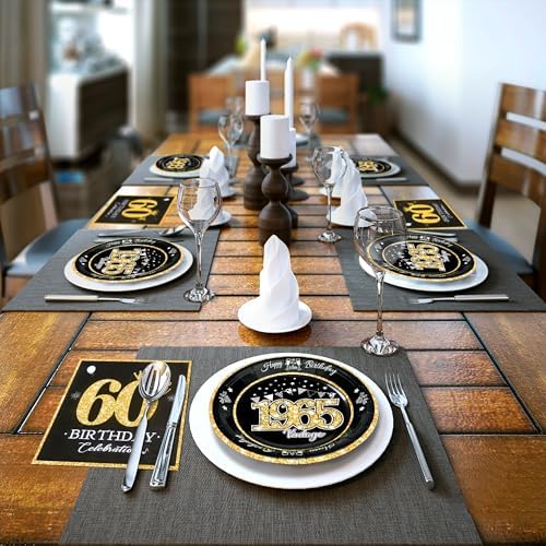 60th Birthday Plates and Napkins Set Black Gold