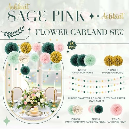 AOBKIAT 15PCS Tissue Paper Pom Poms Garland Decor Set