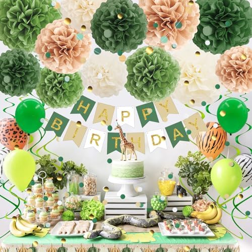 Green Birthday Decorations Kit with Pom Poms and Banner