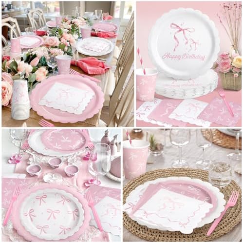 300 Pcs Pink Bow Tableware Set for Birthday Parties