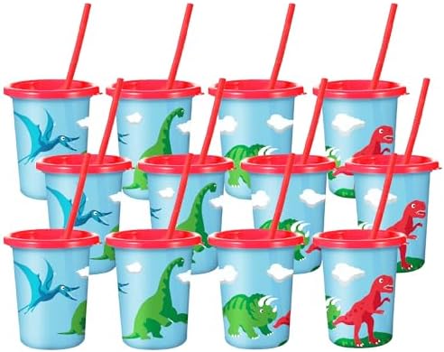 Dinosaur Cups for Kids with Straw and Lid Set of 12