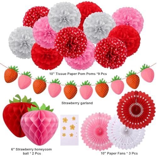 15 Pcs Strawberry Paper Fan Tissue Pom Poms Party Decorations
