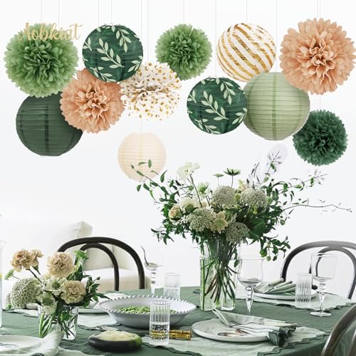 AOBKIAT 12PCS Olive Green Sage Paper Lanterns Set