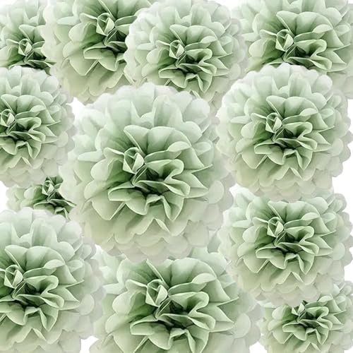 Dusty Sage Green Tissue Paper Pom Poms 12Pcs