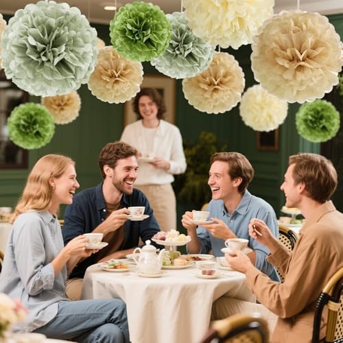 Sage Green Tissue Paper Pom Poms 15PCS Decor Set