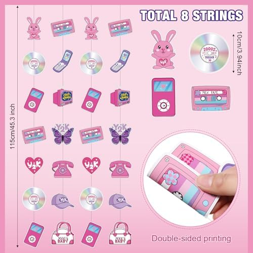 Spakon 8 Pack Y2k Pink Paper Banners Retro Garland Decorations