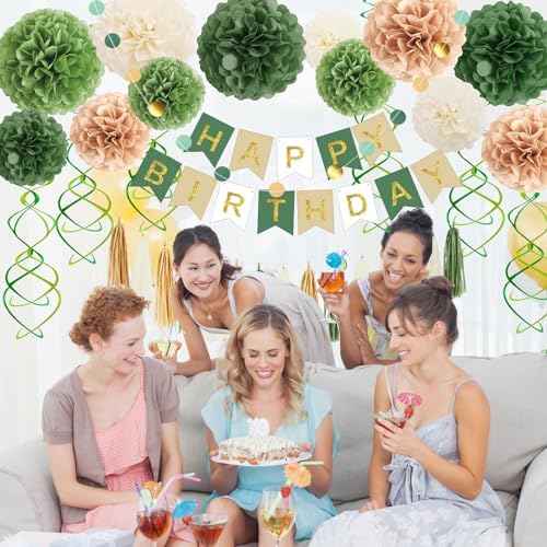 Green Birthday Decorations Kit with Pom Poms and Banner
