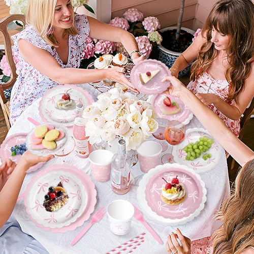300 Pcs Pink Bow Tableware Set for Birthday Parties