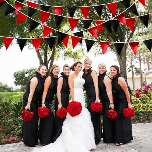 Red Black Metallic Fabric Triangle Pennant Banner Flag Bunting Garland