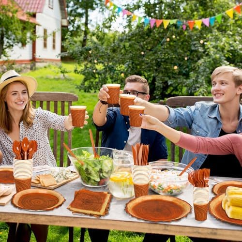 200 Piece Rustic Wood Grain Tableware Set for Camping and Birthday Parties