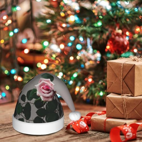 Pink Rose Print Christmas Santa Hat Plush for Adults
