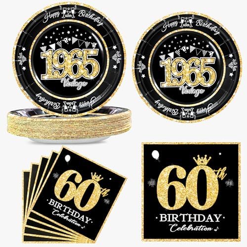 60th Birthday Plates and Napkins Set Black Gold