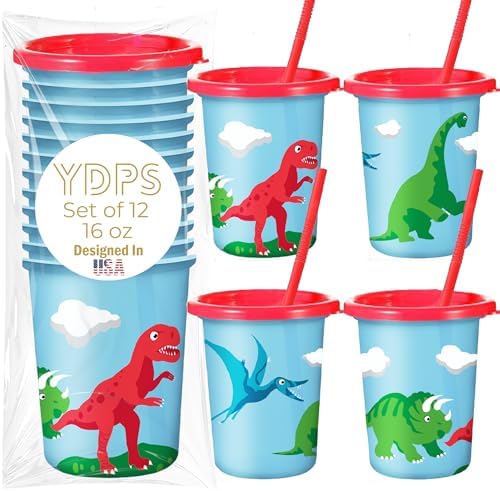 Dinosaur Cups for Kids with Straw and Lid Set of 12