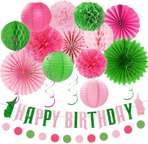 Pink Green Birthday Decorations Set Banner Pom Poms Fans Lanterns