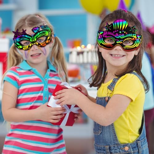 Realspring 60 Pcs Themed Scratch Paper Mask DIY Craft Kit