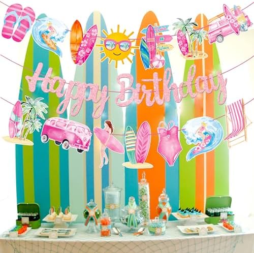 3Pcs Pink Glitter Surf Party Banners for Girls