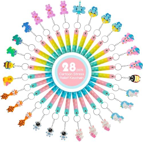 28 Pack Pop Fidget Toys with 3D Animal Keychains for Kids