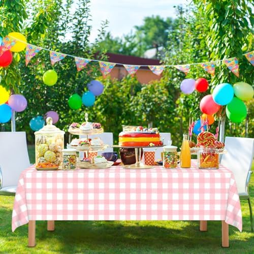 12 Pcs Pink Gingham Tablecloth Set Waterproof Disposable for Parties