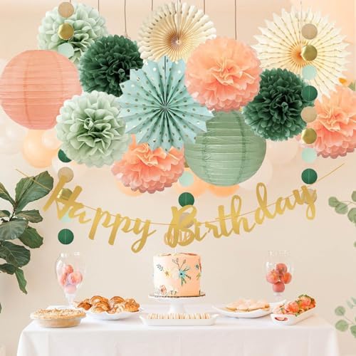 Sage Green and Peach Birthday Decorations Set