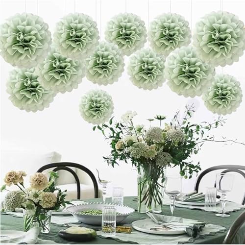 Dusty Sage Green Tissue Paper Pom Poms 12Pcs
