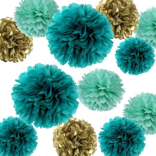 12PCS Teal Turquoise Aqua Gold Party Decor Pom Poms