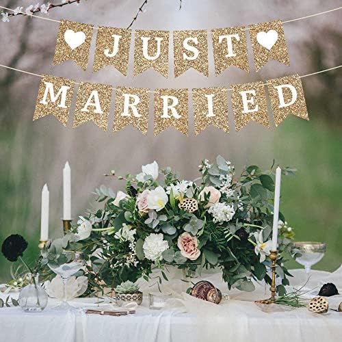 Pre-Strung Gold Glitter Just Married Banner