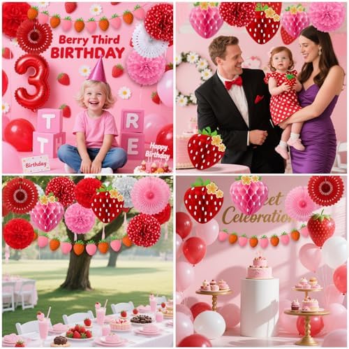 15 Pcs Strawberry Paper Fan Tissue Pom Poms Party Decorations