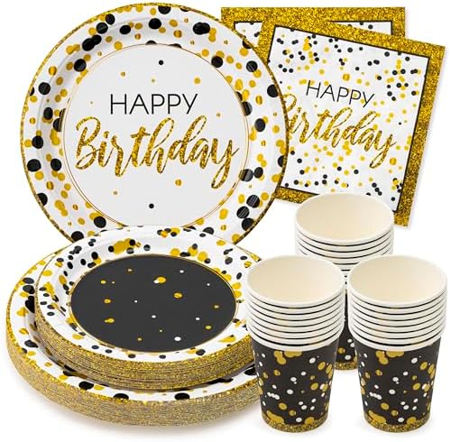 Royal Bluebonnet Black and Gold Birthday Plates Set of 24