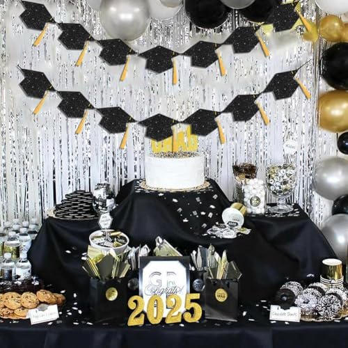 2025 Graduation Decor Banners with Black Glitter Hats and Tassels