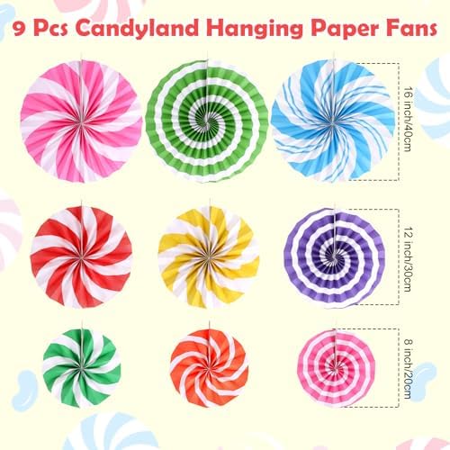 9 Pcs Candyland Themed Paper Fans for Party Decorations