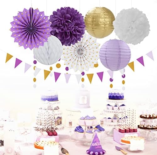 Purple Gold Party Decorations Streamers Lanterns - 14pcs