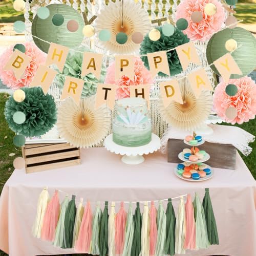 Sage Green Peach Birthday Decorations Set