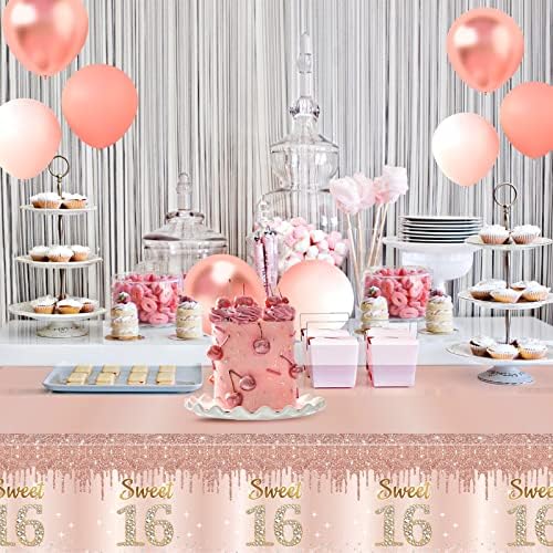 Sweet 16 Pink Rose Gold Birthday Tablecloth Decorations 3 Pack