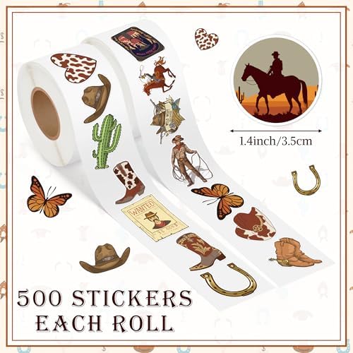 Western Cowboy Sticker Rolls 16 Designs 1000pcs Set