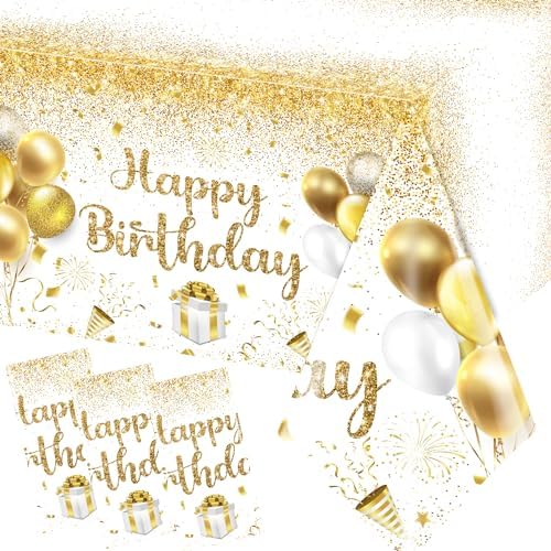 Happy Birthday Tablecloths 3pcs Gold White Party Decor