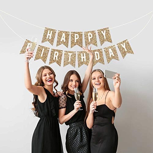 Pre-Strung Gold Glitter Happy Birthday Banner