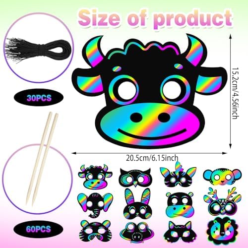 Realspring 60 Pcs Safari Animal Scratch Paper Mask DIY Kit
