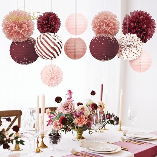 NICROLANDEE Burgundy Party Decor 12PCS Tissue Pom Poms and Lanterns