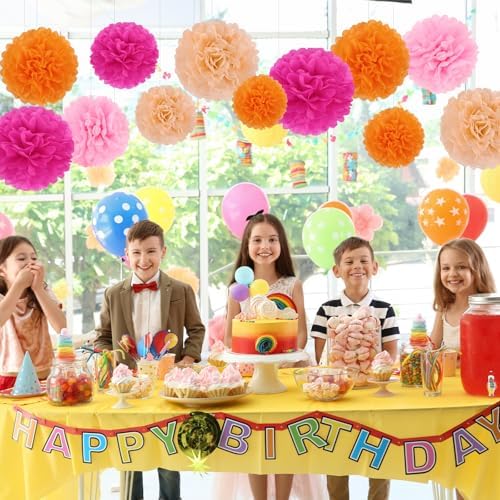 BestoFun 16 PCS Hot Pink Orange Party Decorations Pom Poms