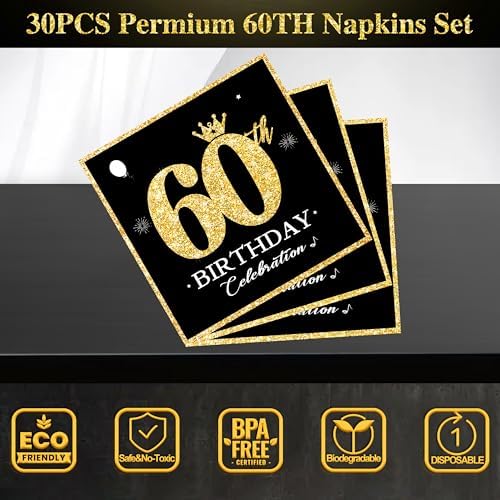 60th Birthday Plates and Napkins Set Black Gold