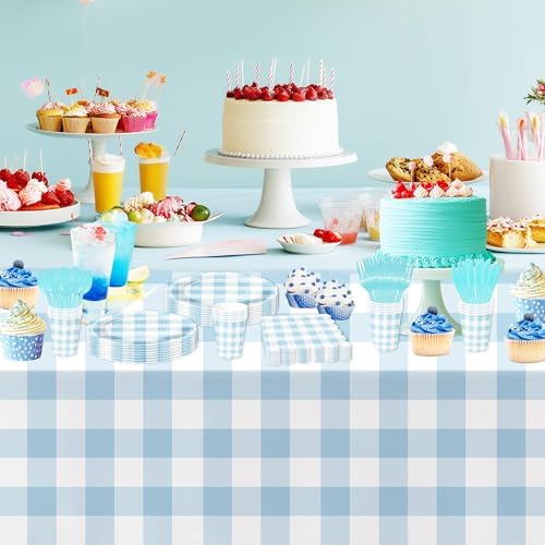 Light Blue Gingham Tablecloths 3 Pack Disposable Party Supplies