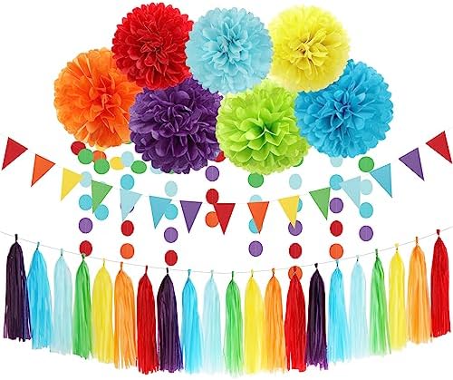 Rainbow Party Decorations Tissue Pom Poms 30pcs Set
