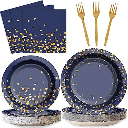 96 Pcs Blue Gold Dot Party Tableware Set
