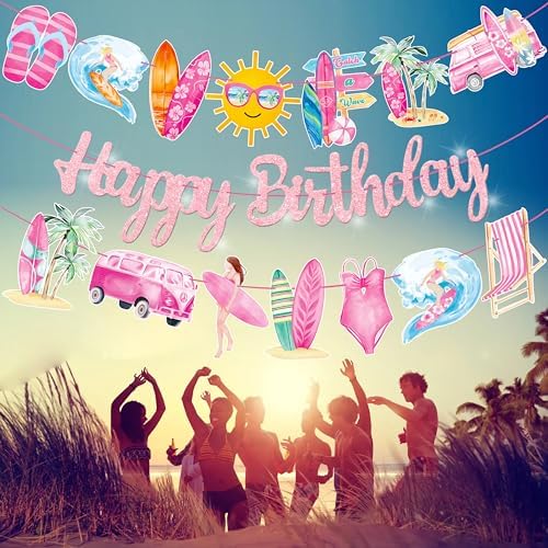 3Pcs Pink Glitter Surf Party Banners for Girls