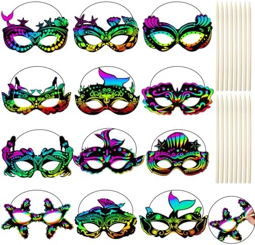 Realspring 60 Pcs Themed Scratch Paper Mask DIY Craft Kit