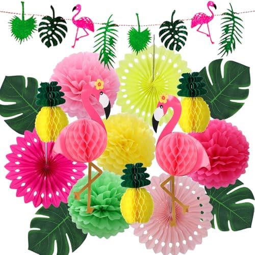 Hawaiian Tropical Party Decor Set with Pom Poms and Fans