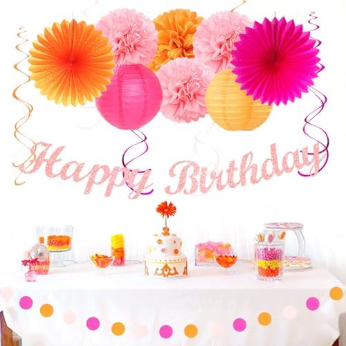 Hot Pink Orange Birthday Decor Kit - 31pcs Boho Party Supplies