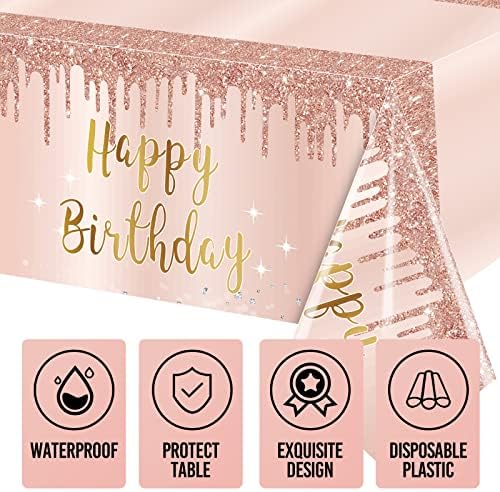 3 Pcs Pink Rose Gold Happy Birthday Table Cover Decorations